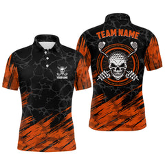 Max Corner Personalized 3D All Over Print Skull Mens Golf Polo Shirt, Orange & Black Golf Shirts For Men
