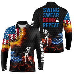 Max Corner American Flag Swing Swear Drink Repeat Golf Customized Name Polo Shirts, Flame Patriotic Golf Shirts For Men