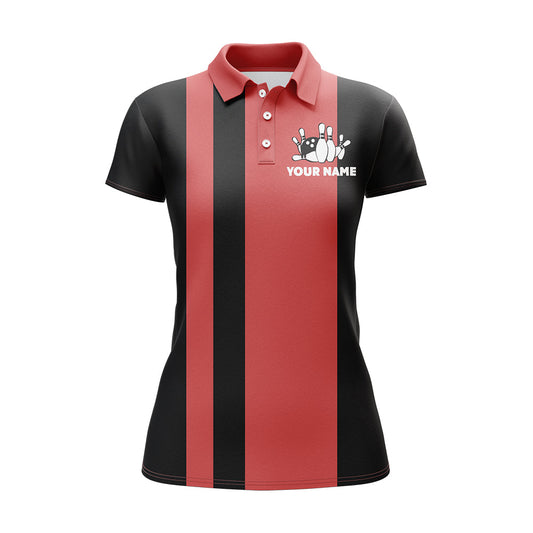 Maxcorners Vintage Red & Black Bowling Eat Sleep Bowl Repeat Customized Name 3D Shirt For Women