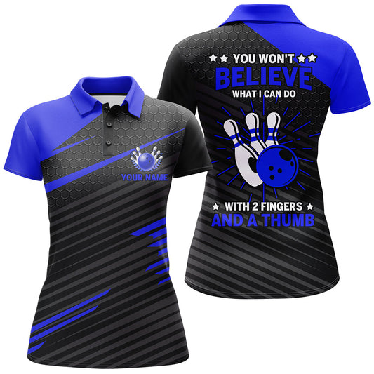 Maxcorners Ladies Blue & Black Bowling With 2 Fingers and A Thumb Premium Customized Name 3D Shirt For Women