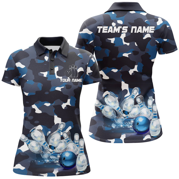 Maxcorners Blue Camo Bowling Premium Customized Name 3D Shirt For Women