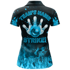 Maxcorners Strike Bowling Cyan Flames Personalized All Over Printed Shirt For Women