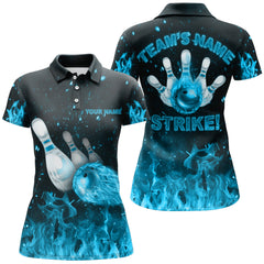 Maxcorners Strike Bowling Cyan Flames Personalized All Over Printed Shirt For Women