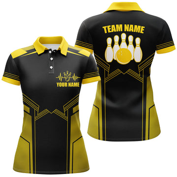 Maxcorners Yellow Bowling Ball And Pins Premium Customized Name 3D Shirt For Women