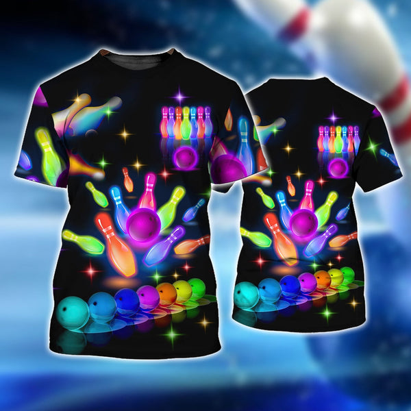 Maxcorners Bowling Party Neon with Purple Balls and White Pins on the Bright Pink 3D Shirt