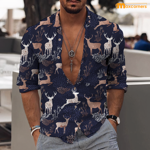 Maxcorners Deer Denim Casual Shirt