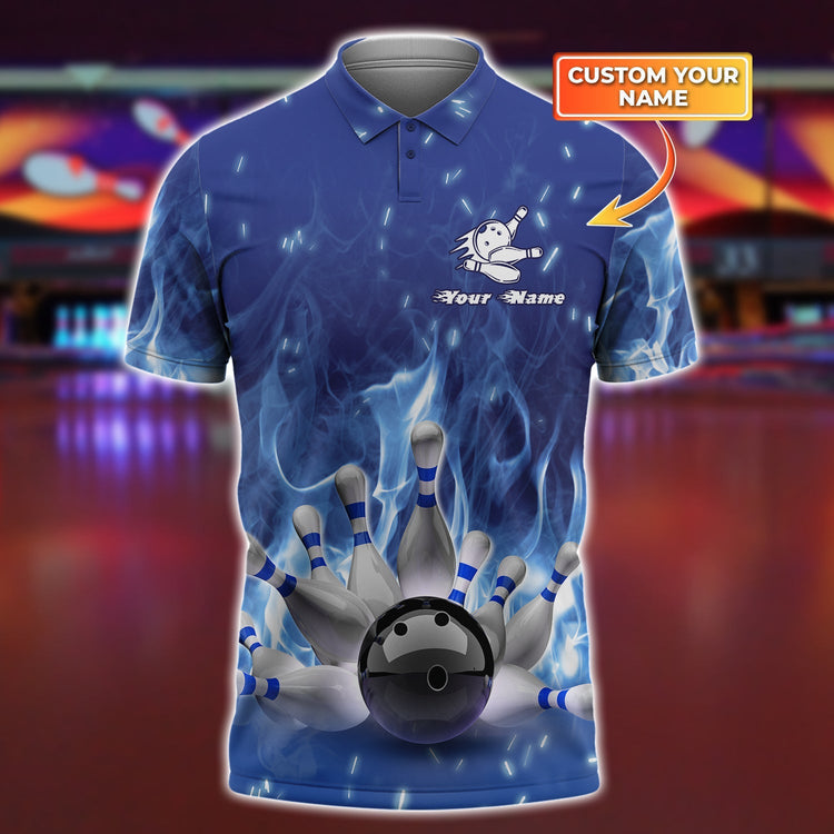Maxcorners Bowling On Blue Fire Personalized Name 3D Shirt