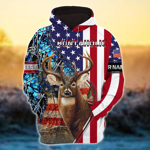 Max Corner Blue US Flag Huntaholic Deer Hunting Personalized 3D Hoodie For Hunting Lover