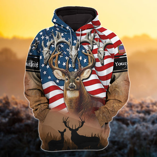 Max Corner Skull US Flag Deer Hunting Personalized 3D Hoodie For Hunting Lover