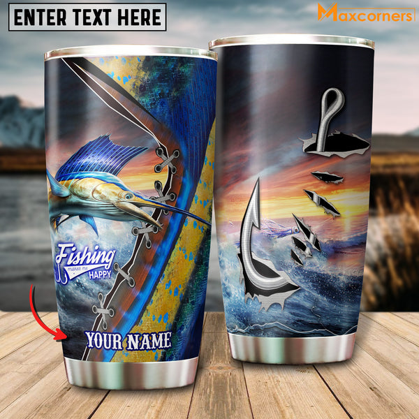 Maxcorners Marlin Fishing Makes Me Happy Personalized Name Tumbler