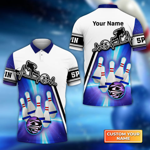 Maxcorners Blue Bowling 5 Pins Customized Name All Over Printed Shirt