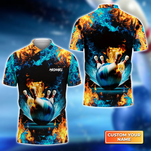 Maxcorners Blue Bowling Ball And Pins On Fire Customized Name All Over Printed Shirt