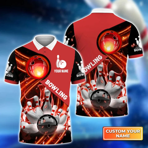 Maxcorners Red Bowling BallIn Fire Personalized Name 3D Shirt