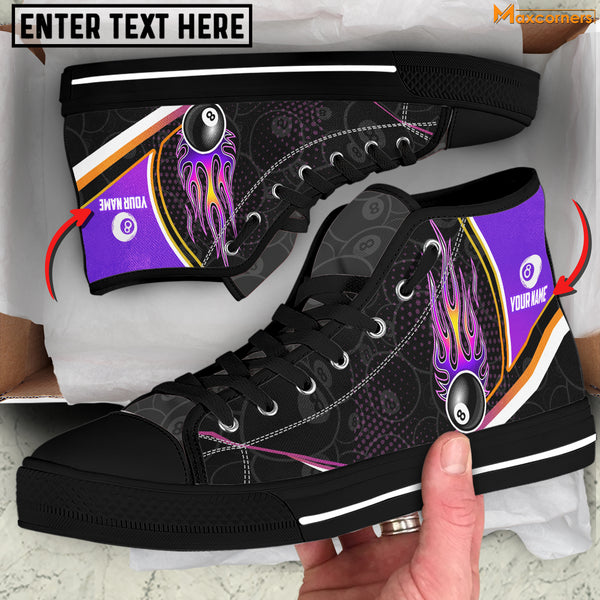 Maxcorners Purple and Black Strike Ball 8 Billiard Personalized Name High Top Shoes