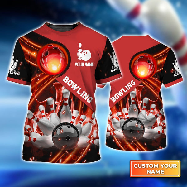 Maxcorners Red Bowling Ball In Fire Personalized Name3D Shirt