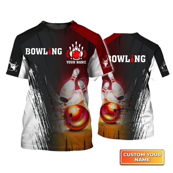 Maxcorners Red Bowling Ball Crashing Pins Personalized Name 3D Shirt