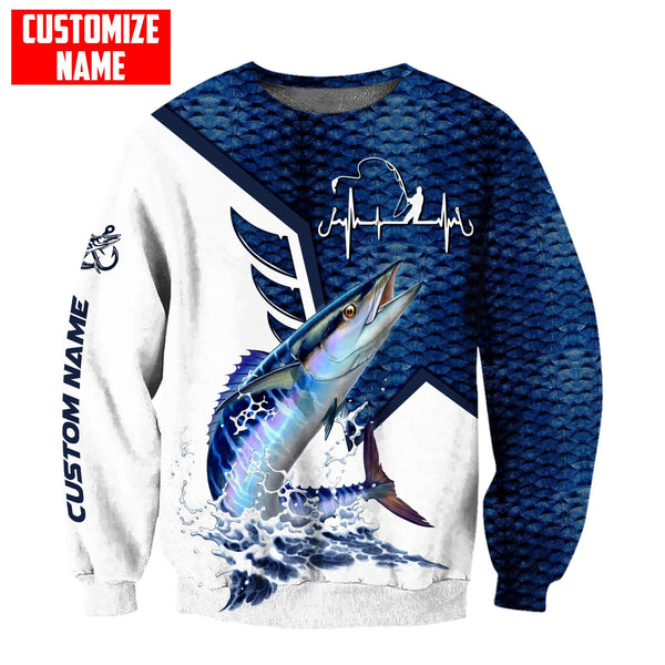 Maxcorners Custom Name Wahoo Fish Fishing Heartbeat 3D Shirt