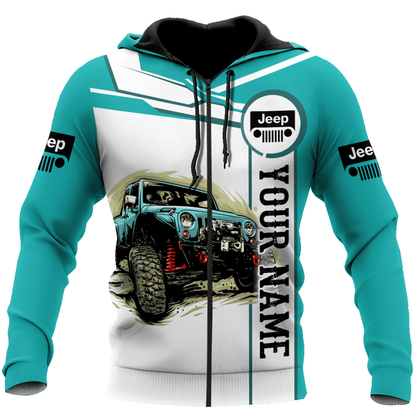 Maxcorners Jeep Car 3D Cyan Personalized Name Hoodie