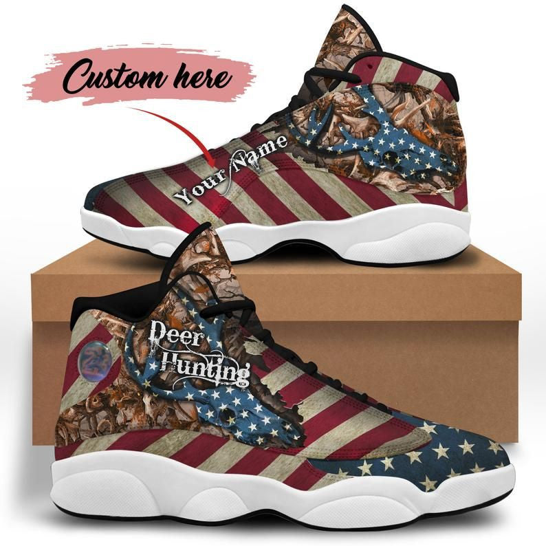 Maxcorners Deer Hunting US Flag Personalized Name AJD 13 Sneakers