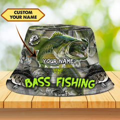 Maxcorners Bass Fishing Personalized Name 3D Over Printed Bucket Hat