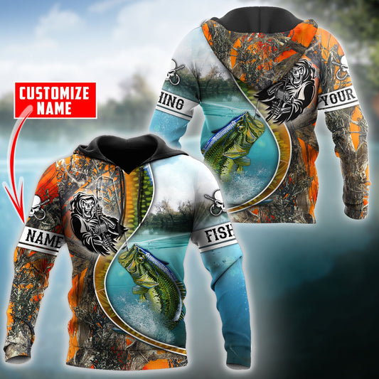 Maxcorners Custom Name Bass Fishing Line Orange Camo Shirt