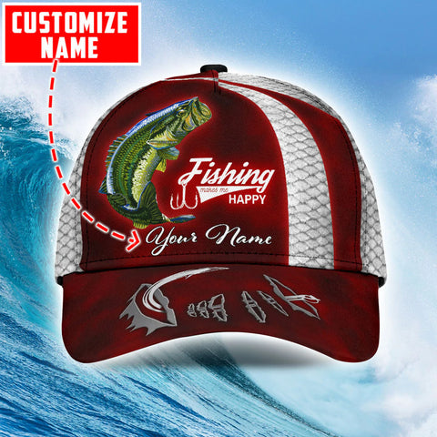 Maxcorners Custom Name Bass Fishing Red Hat Hook Print Cap