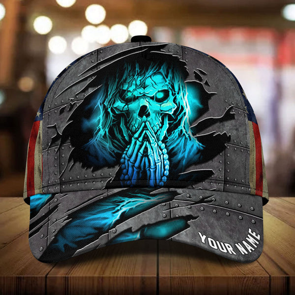 Maxcorners Custom Name Lava Skull Putting Hands Together Cap