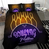 Maxcorners Bowling Pin Ball Neon Purple Yellow Player Personalized Name 3D Bedding Set