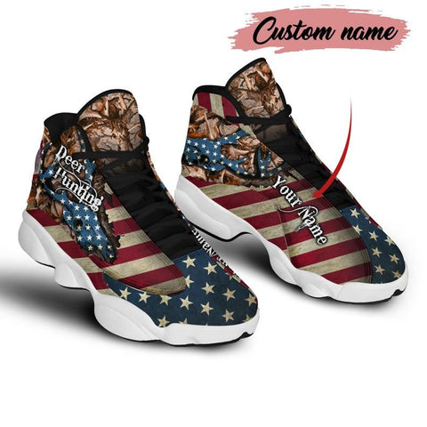 Maxcorners Deer Hunting US Flag Personalized Name AJD 13 Sneakers