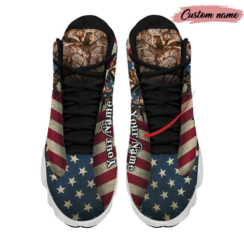 Maxcorners Deer Hunting US Flag Personalized Name AJD 13 Sneakers