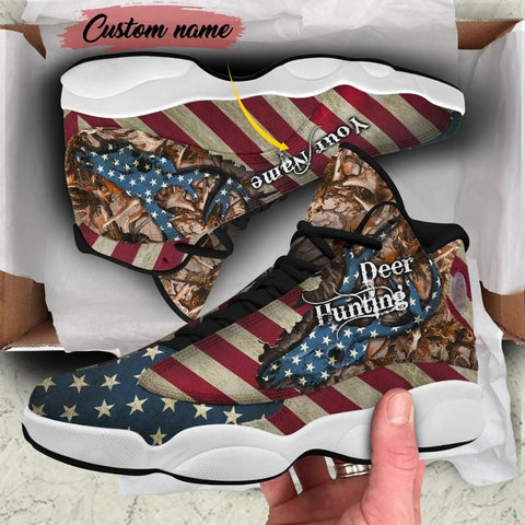 Maxcorners Deer Hunting US Flag Personalized Name AJD 13 Sneakers