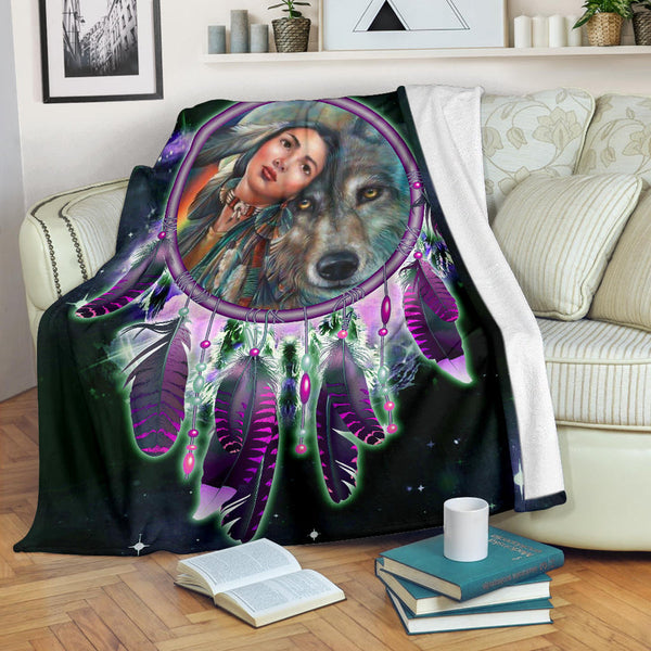 Maxcorners Native Girl and Wolf Blanket