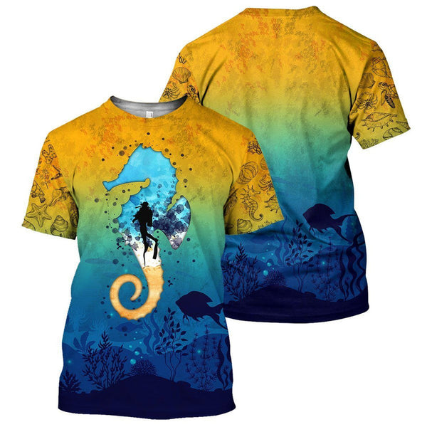 Maxcorners Scuba Diving Blue & Yellow Sea Horse All Over Printed Shirt