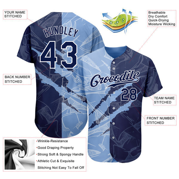 Custom Graffiti Pattern Navy-Light Blue 3D Scratch Authentic Baseball Jersey