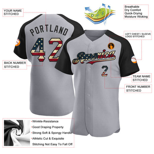 Custom Gray Vintage USA Flag-Black Authentic Raglan Sleeves Baseball Jersey
