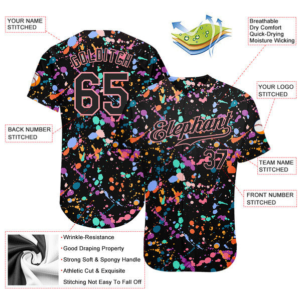 Custom Graffiti Pattern Black-Medium Pink 3D Expressive Splatter Authentic Baseball Jersey