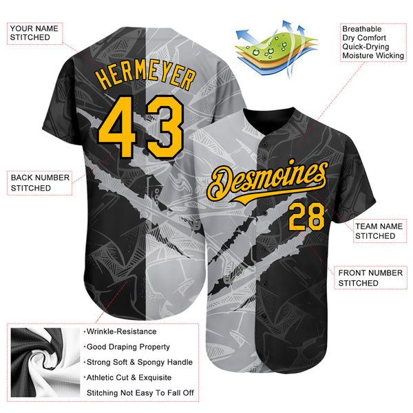 Custom Graffiti Pattern Gold Black-Gray 3D Scratch Authentic Baseball Jersey