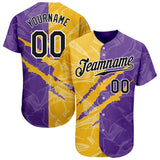 Custom Graffiti Pattern Black Yellow-Purple 3D Scratch Authentic Baseball Jersey