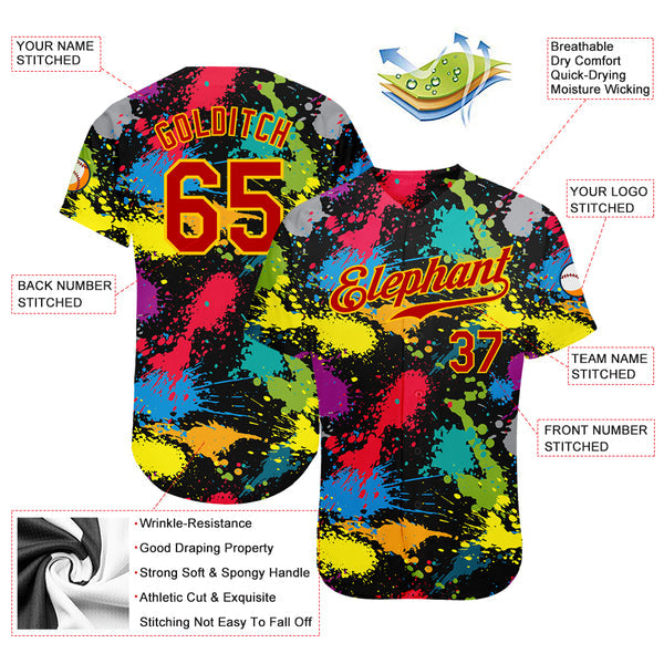 Custom Graffiti Pattern Red-Gold 3D Colorful Splattered Messy Art Ink Paintbrush Drawing Authentic Baseball Jersey