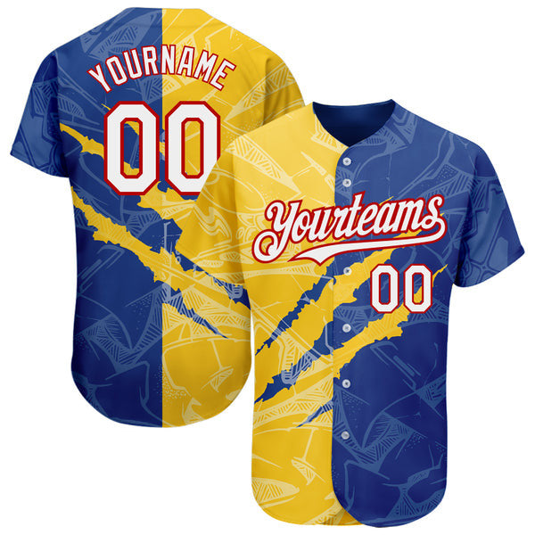 Custom Graffiti Pattern White Royal Yellow-Red 3D Scratch Authentic Baseball Jersey