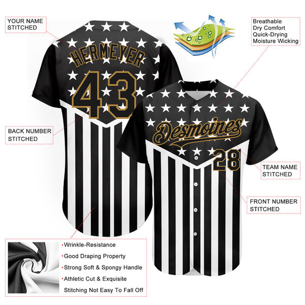 Custom Black Old Gold-White 3D American Flag Authentic Baseball Jersey