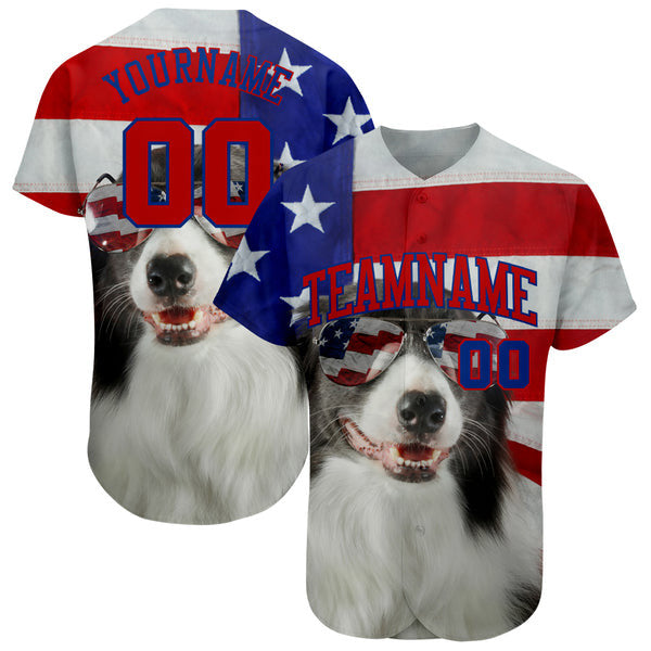 Custom White Dog Smile Red-Royal 3D American Flag Fashion Authentic Baseball Jersey