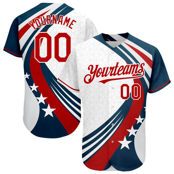 Custom White Red 3D American Flag Authentic Baseball Jersey