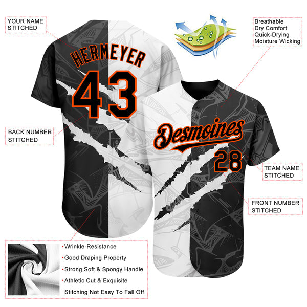 Custom Graffiti Pattern Black-Orange 3D Scratch Authentic Baseball Jersey