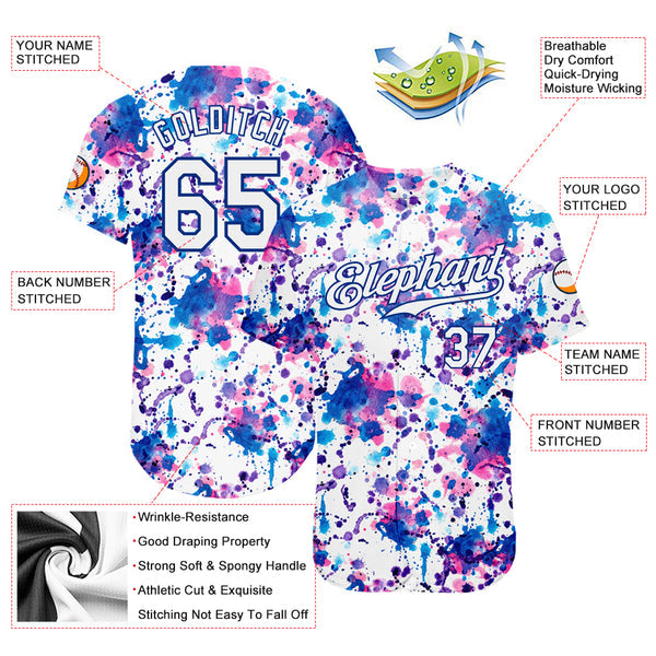 Custom Graffiti Pattern White-Royal 3D Abstract Watercolor Authentic Baseball Jersey