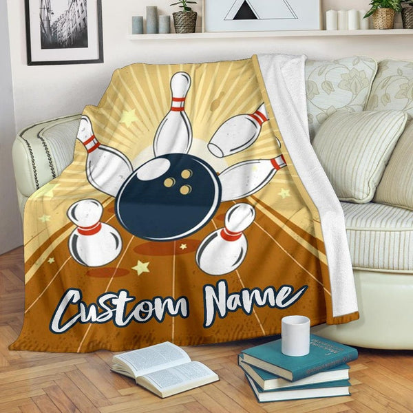 Maxcorners Light Brown Bowling Ball And Pins Customized Name Blanket