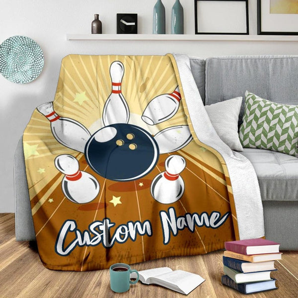 Maxcorners Light Brown Bowling Ball And Pins Customized Name Blanket