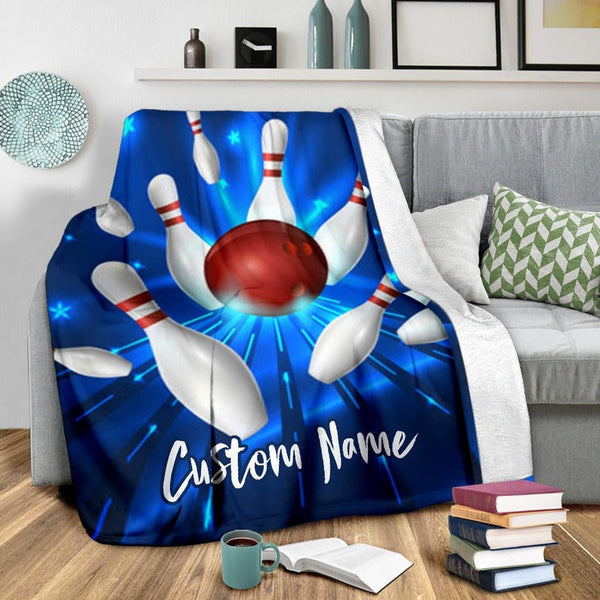 Maxcorners Light Blue Bowling Ball And Pins Pattern Customized Name Blanket