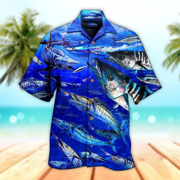 Maxcorners Unisex Fishing Love Blue Ocean Hawaiian Shirt