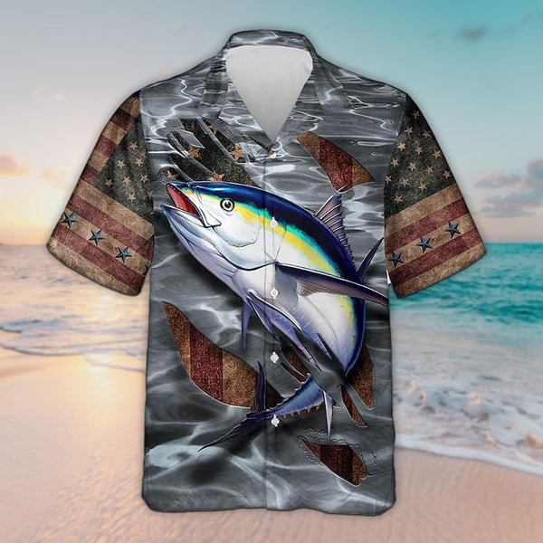 Maxcorners Unisex 3D Tuna Fishing Grey Aloha Hawaiian Shirt